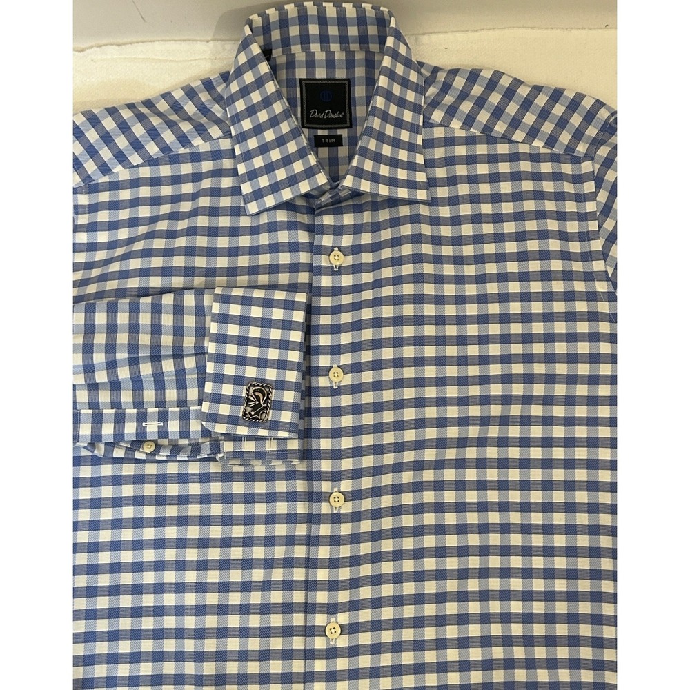 David‎ Donahue Dress Shirt Mens 16 32/33 Blue White Gingham Trim Fit French Cuff